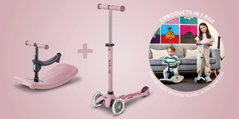 Dwójka dzieci bawi się jednocześnie Mini Micro Rock & Go Dusty Rose