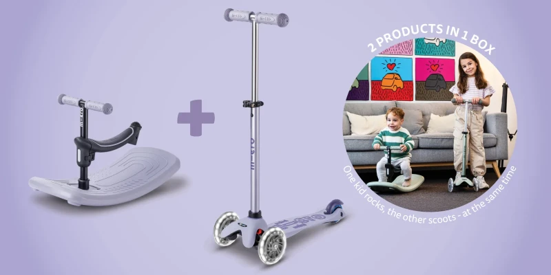Dwójka dzieci bawi się jednocześnie Mini Micro Rock & Go Lavender Mist