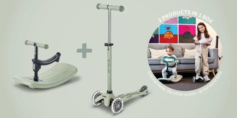 Dwójka dzieci bawi się jednocześnie Mini Micro Rock & Go Olive Sage