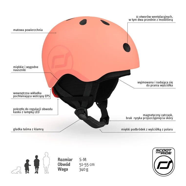 lekki kask narciarski z lampką LED Scoot and Ride Peach