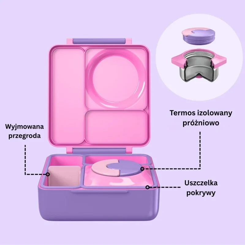 OmieBox Unicorn Pink otwarty – przegródki i termos