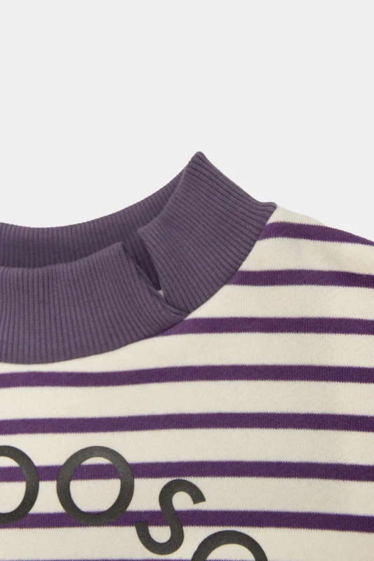 Bluza dziecięca BOOSO luźna w paski fioletowo-kremowe z dużym nadrukiem