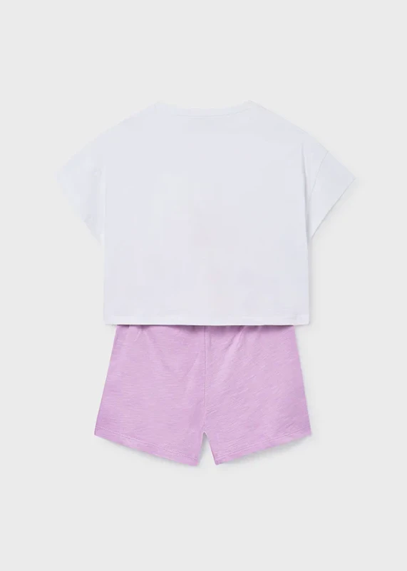 Komplet Sunshine dla dziewczynki Mayoral Lilac zbliżenie na nadruk