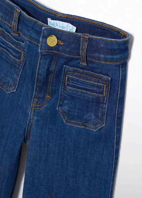 Detal spodni Abel & Lula – denim indygo, kieszenie i guziki