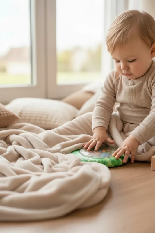 Dziecko bawiące się sensorycznym dyskiem Jellystone Peekaboo Dinozaur