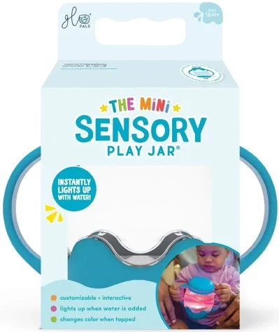 Mini słoik sensoryczny Glo Pals niebieski świecący do napełnienia wodą opakowanie