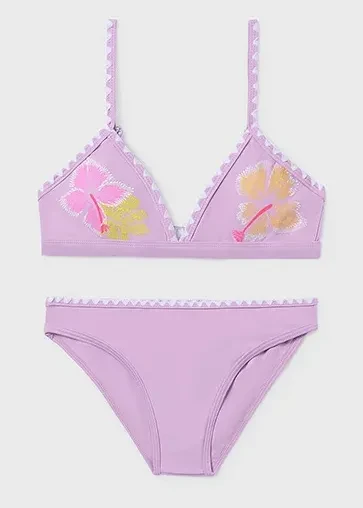 Bikini dla dziewczynki Mayoral 26-06775-024 liliowe z kwiatową grafiką przód