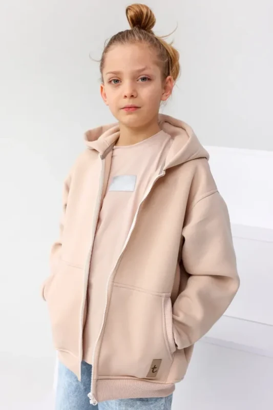 bluza dziecięca beżowa z kapturem na zamek TUSS bawełniana bluza premium