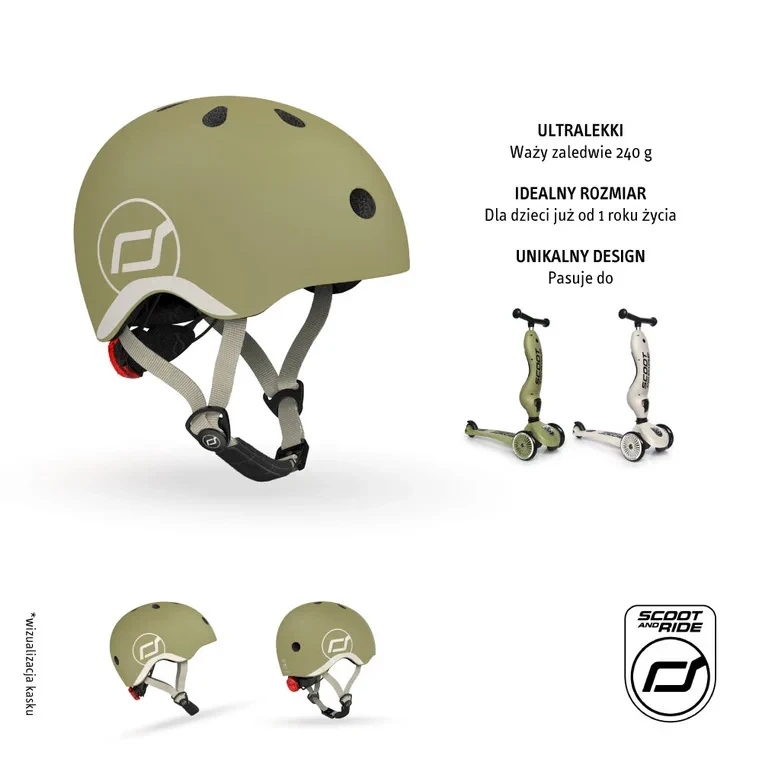 Ultralekki kask ochronny Scoot and Ride Olive z regulacją obwodu głowy