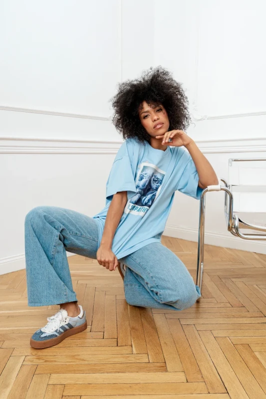 T shirt damski oversize niebieski Bopoco styl casual