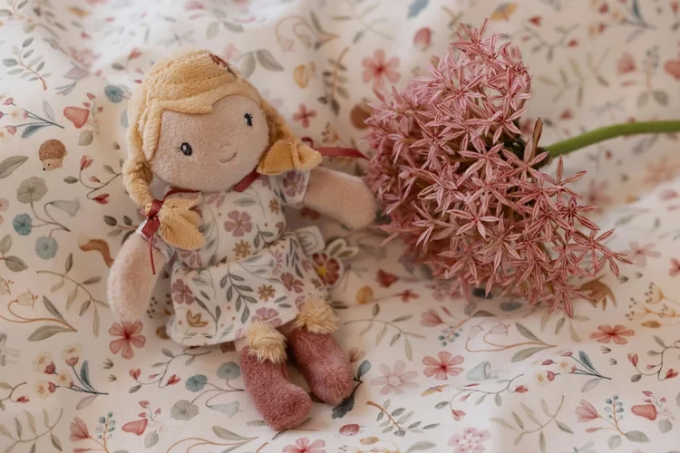 Laleczka Julia Little Dutch na pościeli w kwiatowy wzór