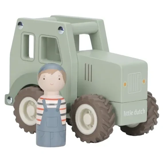 Drewniany traktor Little Dutch FSC zielony z figurką farmera dla dzieci