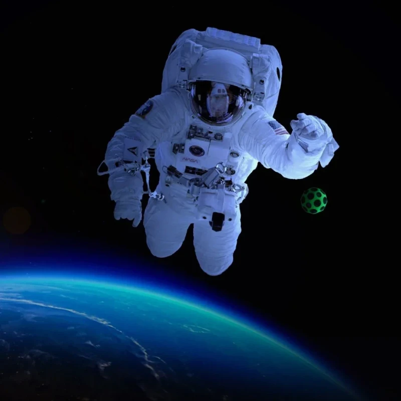 Zielona piłeczka Moon Ball w kosmosie obok astronauty