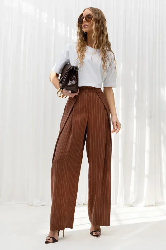 Brązowe spodnie damskie premium Bopoco pełna sylwetka elegancka stylizacja