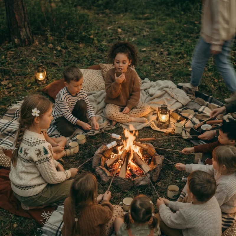 dzieci przy ognisku używające krótkofalówek wideo kidtooki