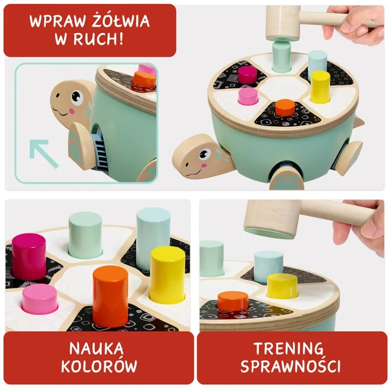 dziecko bawi się drewnianą wbijanką żółw topbright