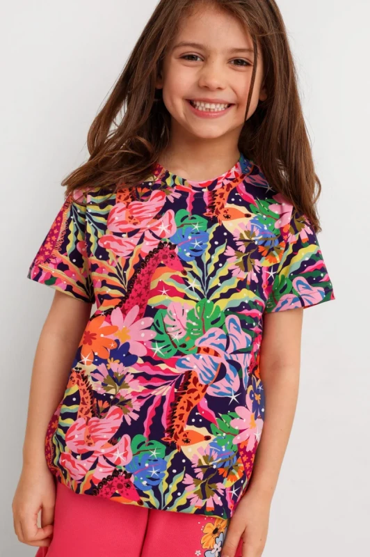 kolorowy t shirt hey popinjay giraff przód na dziecku
