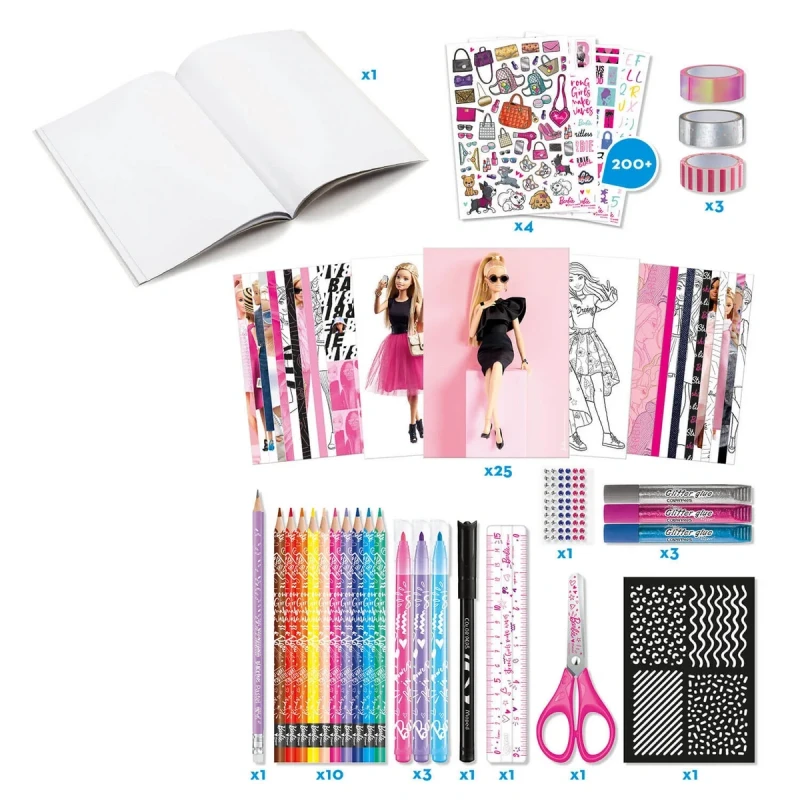 elementy zestawu scrapbook barbie papiery naklejki brokat