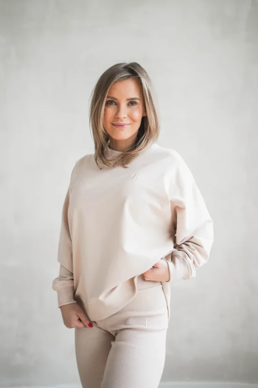 beżowe legginsy rib damskie z bluzą komplet TUSS