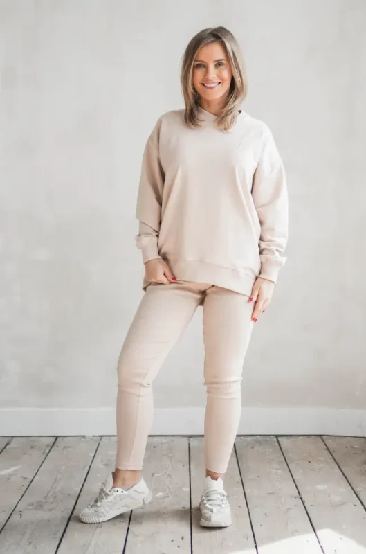 legginsy damskie prążkowane beżowe TUSS stylizacja całość