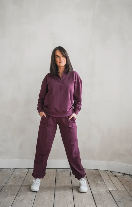 bluza oversize damska bordo z zamkiem 1/3 TUSS outfit miejski