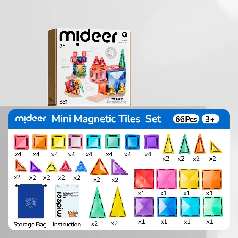 zawartość zestawu mideer magnetic tiles 66 elementów