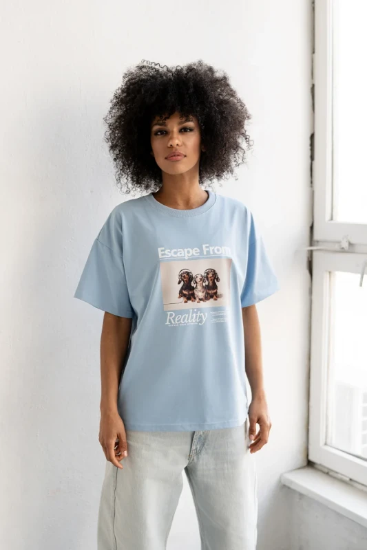 T-shirt damski ESCAPE Bopoco niebieski z nadrukiem 95% bawełna