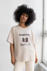 T-Shirt damski ESCAPE beżowy Bopoco