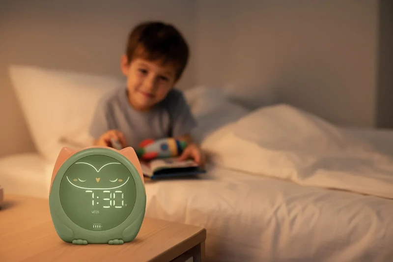 trener snu dla dzieci obok maskotki w pokoju