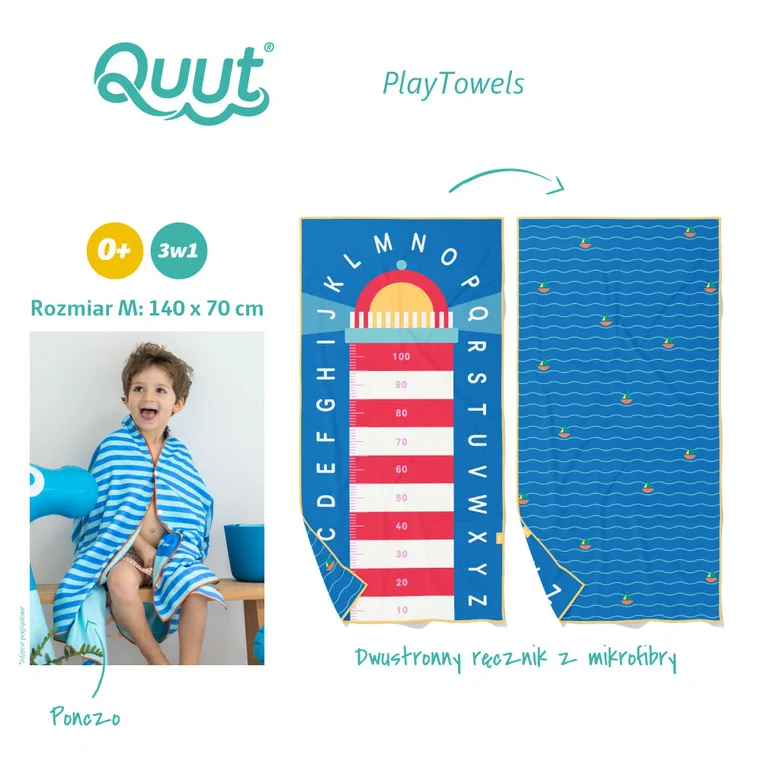 Ręcznik plażowy dziecięcy QUUT PlayTowels Lighthouse Blue jako poncho