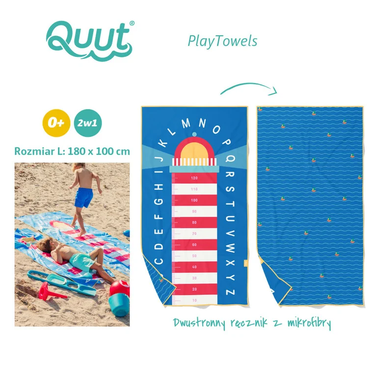 Dzieci odpoczywają na ręcznikach QUUT PlayTowels Lighthouse Blue na plaży