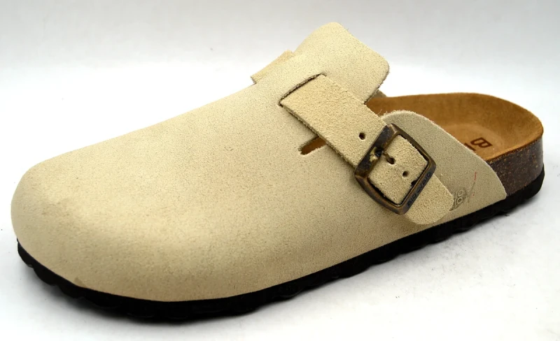 Bio Bio Casandra Suede Cappuccino damskie beżowe klapki skórzane z klamrą i korkową wkładką