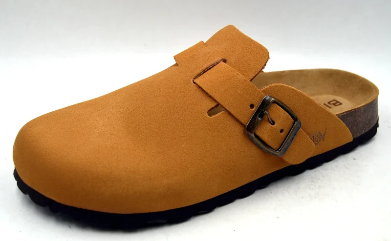 Bio Bio Casandra Suede Deserto damskie brązowe klapki skórzane z klamrą i korkową wkładką