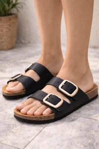 Damskie Klapki Skórzane Bio Bio Daena Country Negro z Korkową Wkładką Made in Spain | Kolekcja 2026