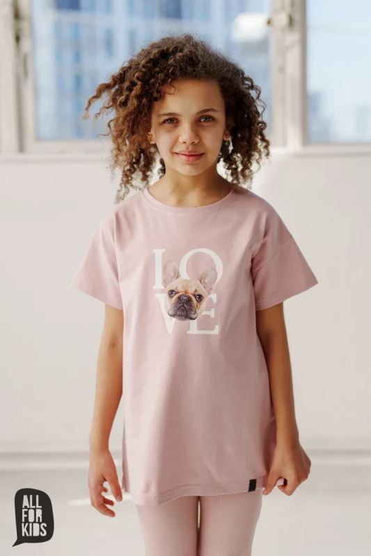 Tunika dziewczęca różowa z nadrukiem LOVE piesek All For Kids przód