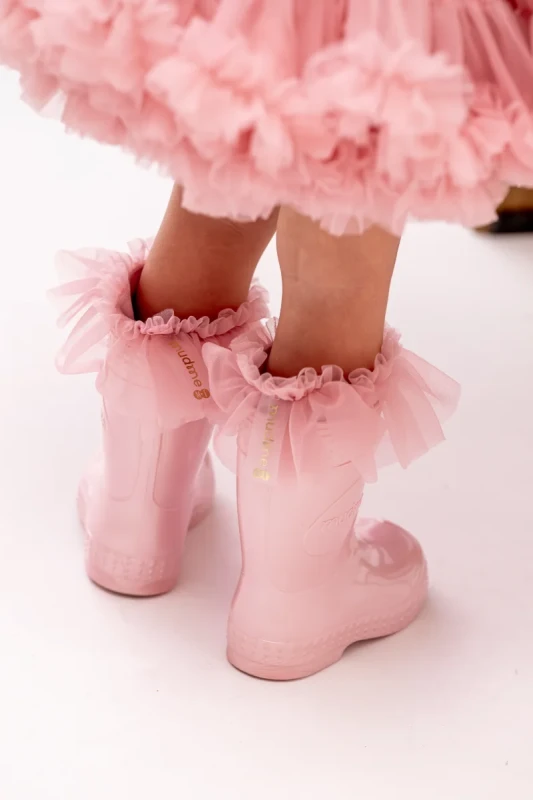 Kalosze dziecięce z ocieplaczami MUDME Pink Pearl falbanka