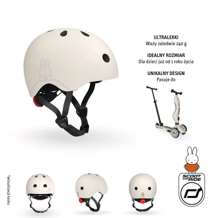 Lekki kask dziecięcy Scootandride Miffy Ash z lampką LED