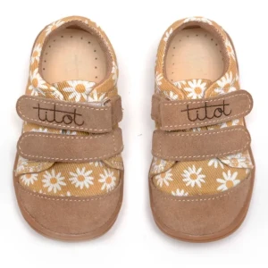 Kapcie | Trampki dziecięce TITOT Beige Daisy – Beżowe tenisówki w białe stokrotki do przedszkola