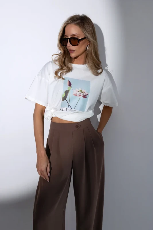 Brązowe spodnie damskie wide leg BOPOCO elegancki fason