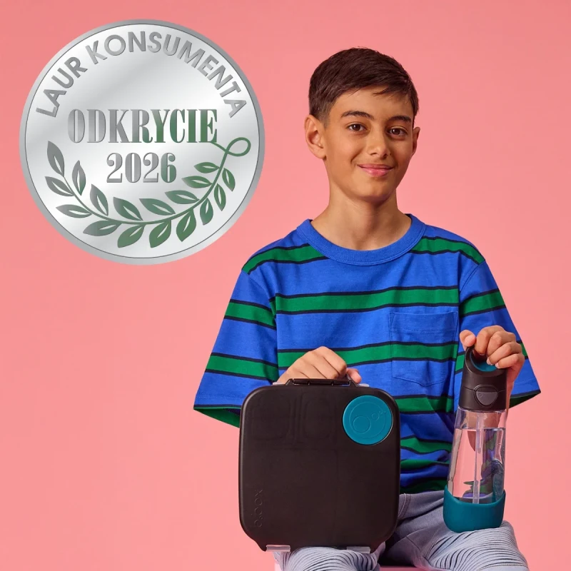 dziecko z lunchboxem b.box i bidonem zestaw do szkoły