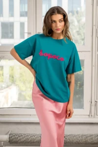 T-Shirt damski BOPOCO PETROLOWY Z RÓŻOWYM HAFTEM Bopoco