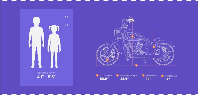 Wymiary motocykla elektrycznego Hyper Gogo M5 dla dzieci
