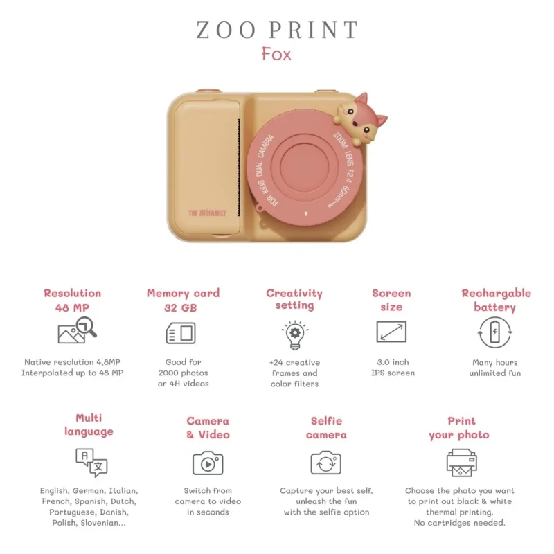 Aparat z drukarką dla dzieci The Zoofamily Zoo Print Fox 48 MP