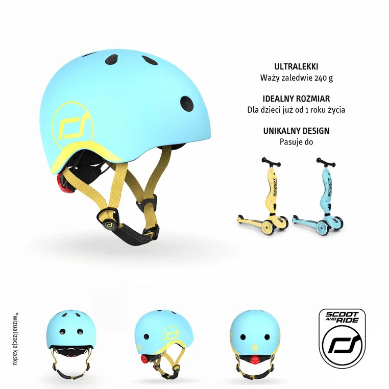 Niebieski kask dziecięcy Scoot Ride Blueberry z lampką LED