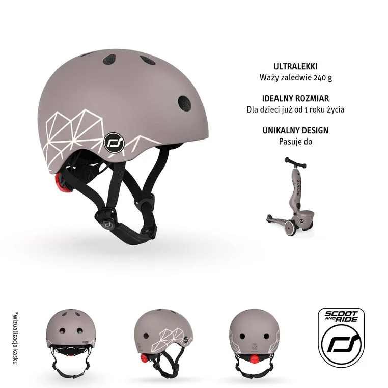 Brązowy kask dziecięcy Scoot Ride Brown Lines z lampką LED