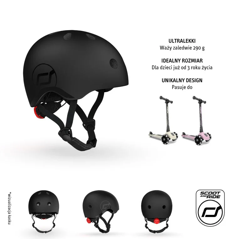 Czarny kask dziecięcy Scoot Ride z lampką LED