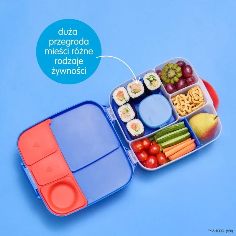 Lunchbox b.box Superman otwarty z przegródkami na kanapki owoce i przekąski