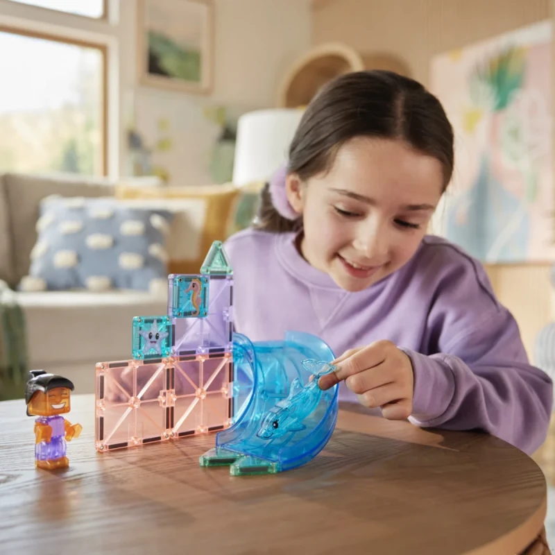 Dziewczynka bawi się klockami magnetycznymi MAGNA-TILES Dolphin Bay