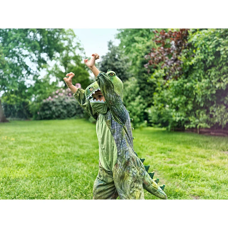Dziecko w kostiumie dinozaura T-Rex Souza podczas zabawy