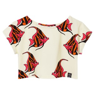 Koszulka Crop Top BEIGE orange-pink fish
